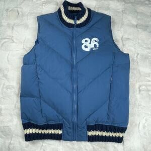 🔥PINK Victoria’s Secret Down Feather Spell Out Striped Trim Blue Vest Size XS/S